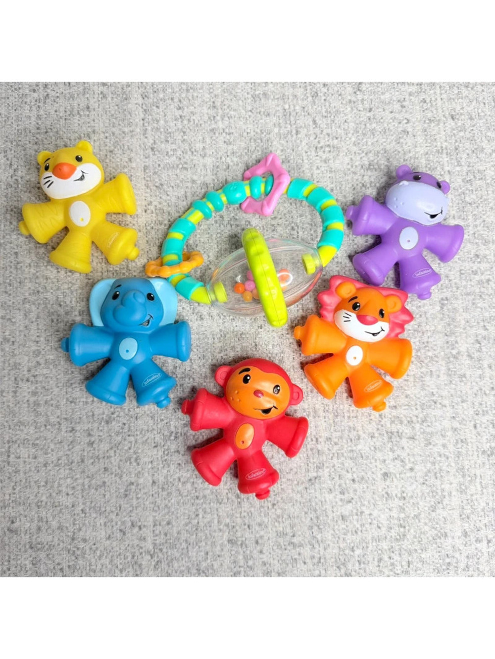 Infantino Baby Animal Bath Toys & Rattle 6pc Tiger Hippo Elephant Lion Monkey